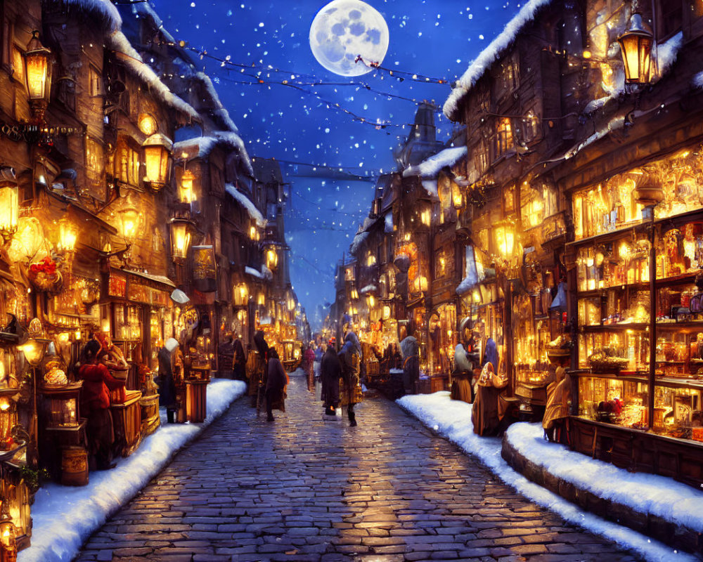 Snow-covered cobblestone street night market under full moon