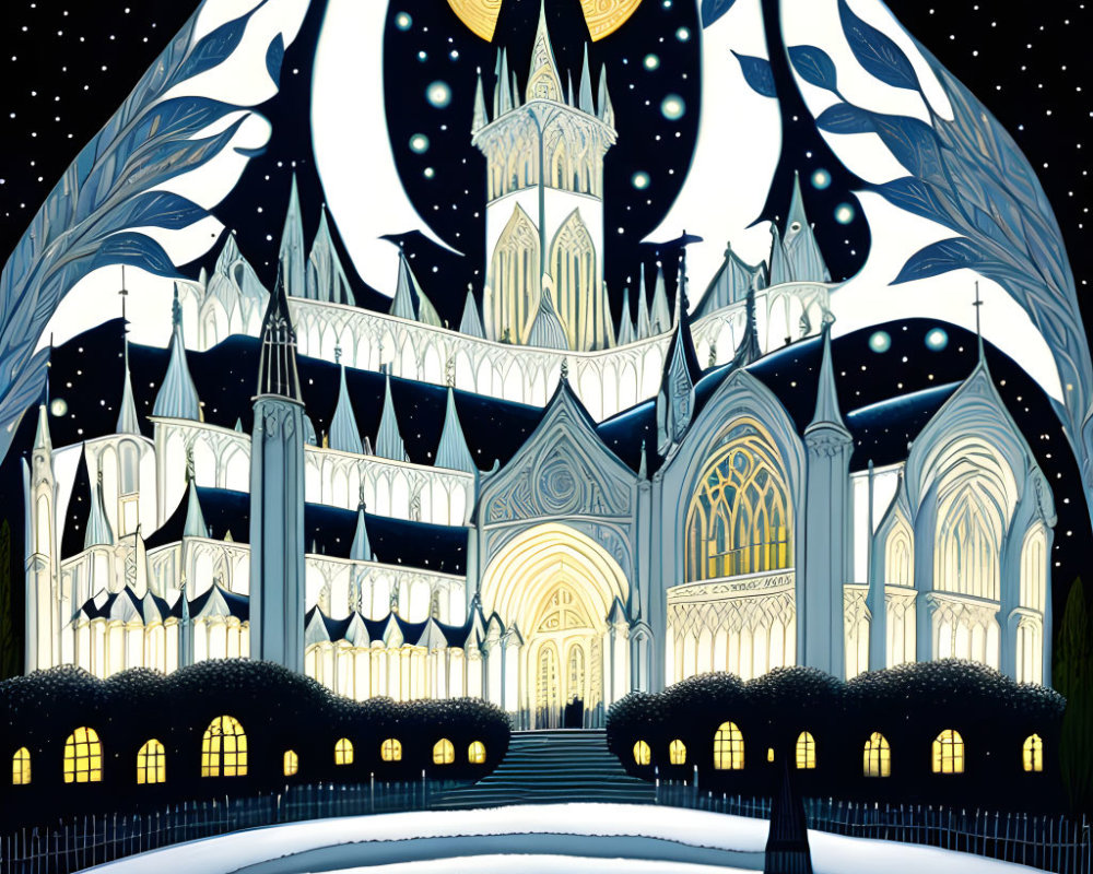 Whimsical castle illustration at night with spires, moon, and moat