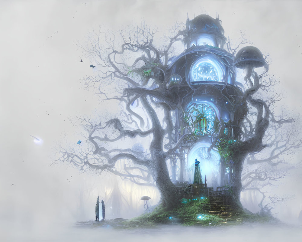 Enchanting treehouse in giant tree with glowing blue windows, mist, figures, and birds