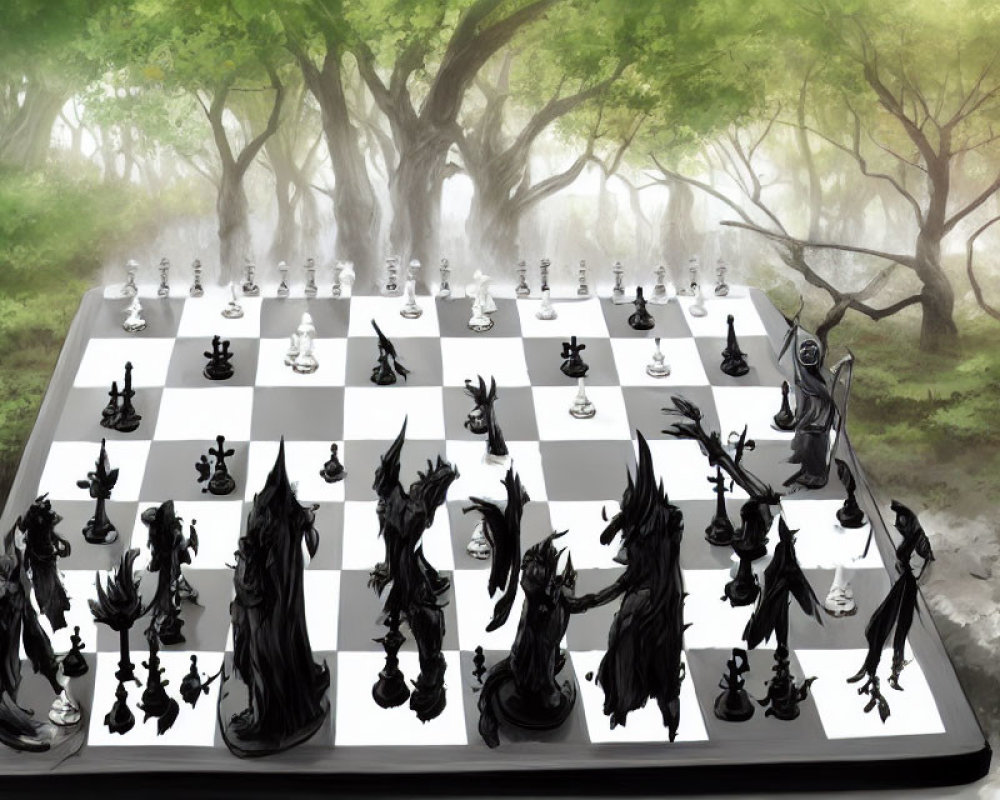 Fantasy-themed chess set in gothic style, set up in mystical forest clearing