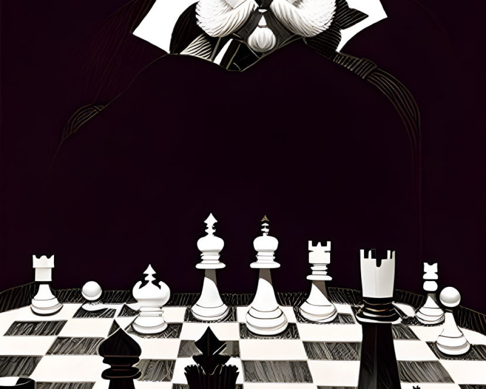 Surreal chess game illustration with oversized figure observing