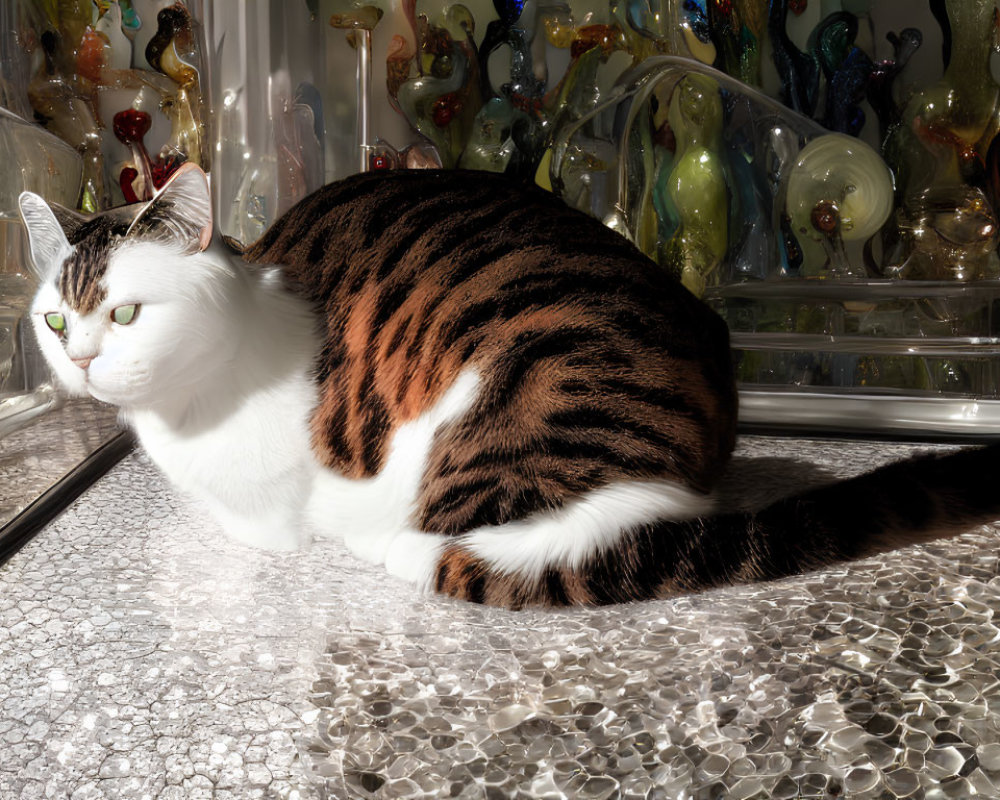 Brown and white striped cat with glass ornaments on reflective surface