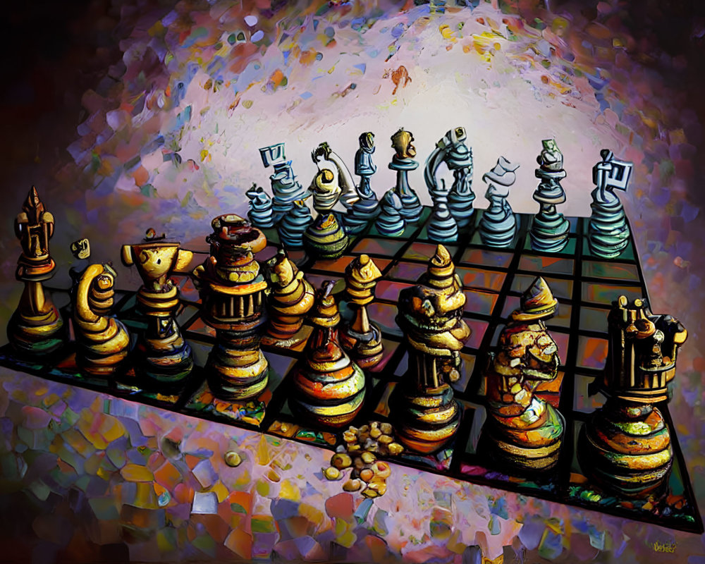 Colorful Stylized Chess Set Artwork with Unique Pieces on Abstract Background