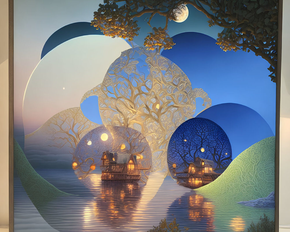 Surrealist nighttime scene with moonlit tree silhouettes and layered circular elements