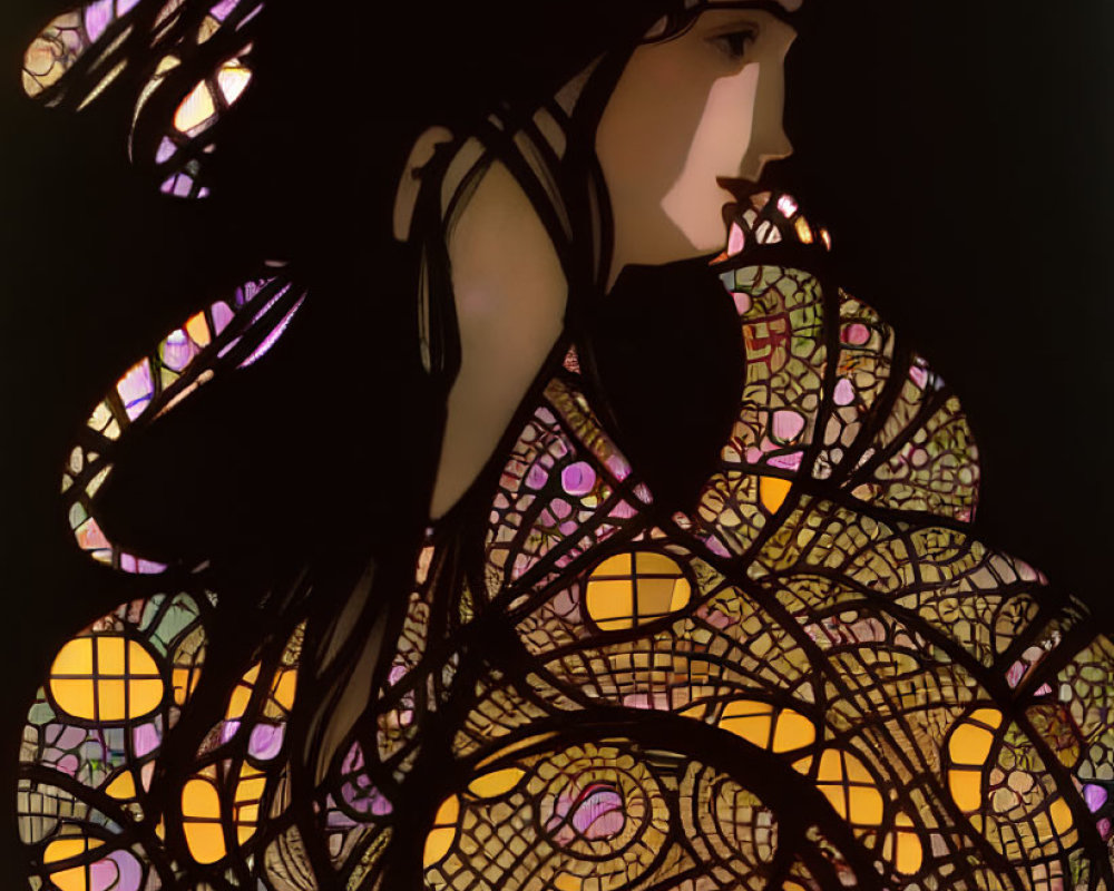 Illustration of a woman with stained glass motifs in Art Nouveau style