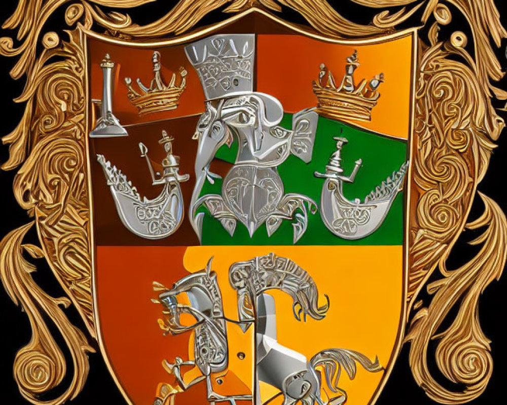 Heraldic shield with crown, chess motifs, golden elements, and "Qligqor