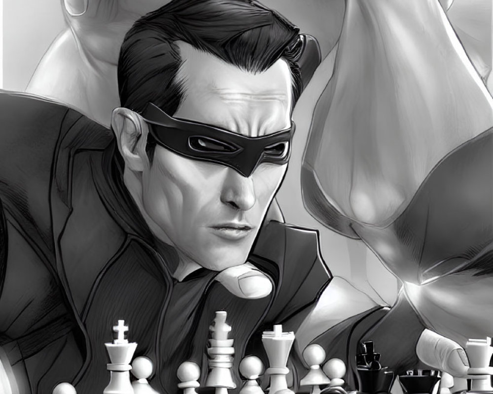 Monochrome chess player with visor and superhero figures in background