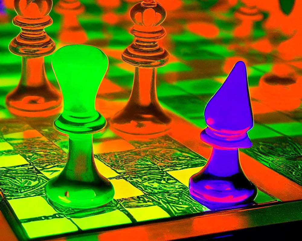 Neon-colored digital artwork of chess pieces on surreal board