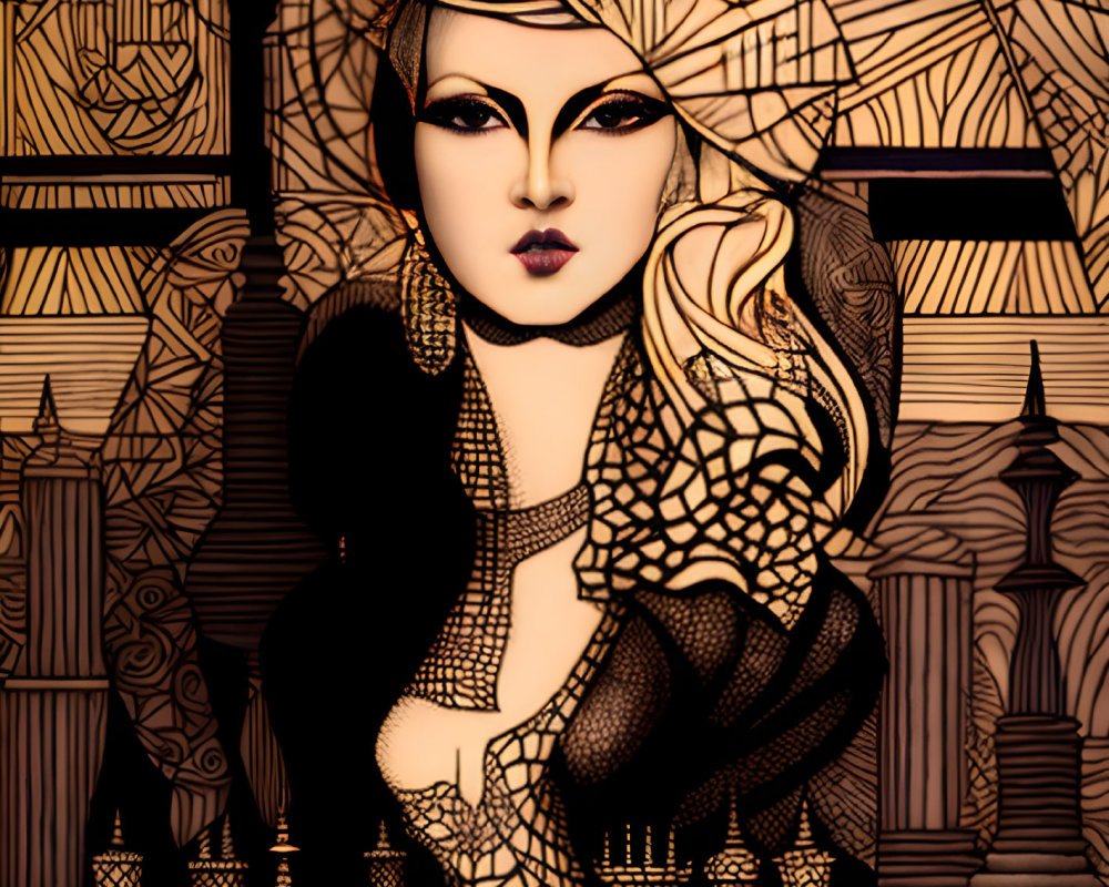 Ornate digital artwork of stylized female figure with bold makeup