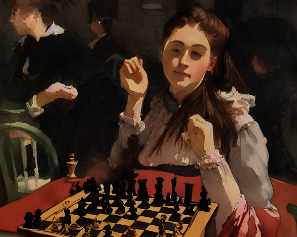 Young woman in dimly lit room at chessboard with opponent