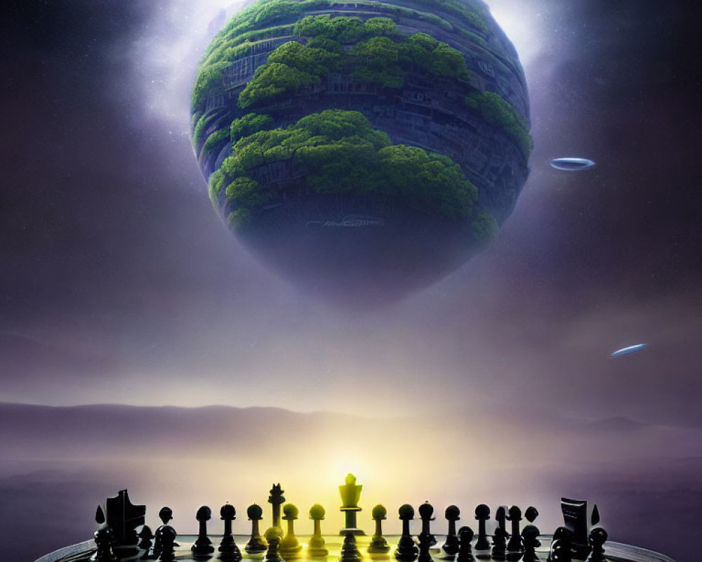 Chessboard with glowing king piece on surreal green planet.