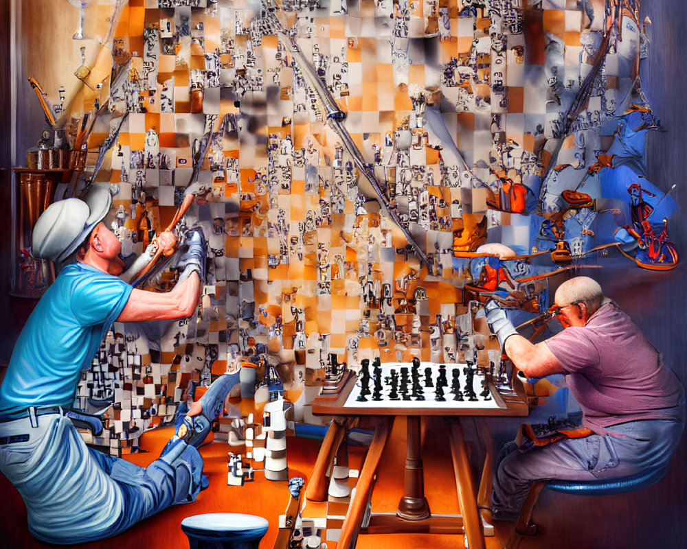 Intense, fantastical game of chess with suspended pieces in dynamic backdrop