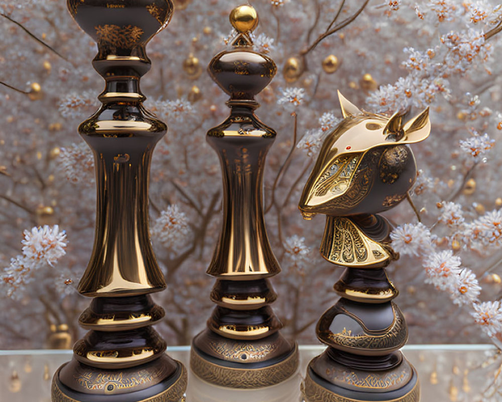 Black and Gold Chess Pieces with Knight on Cherry Blossom Background