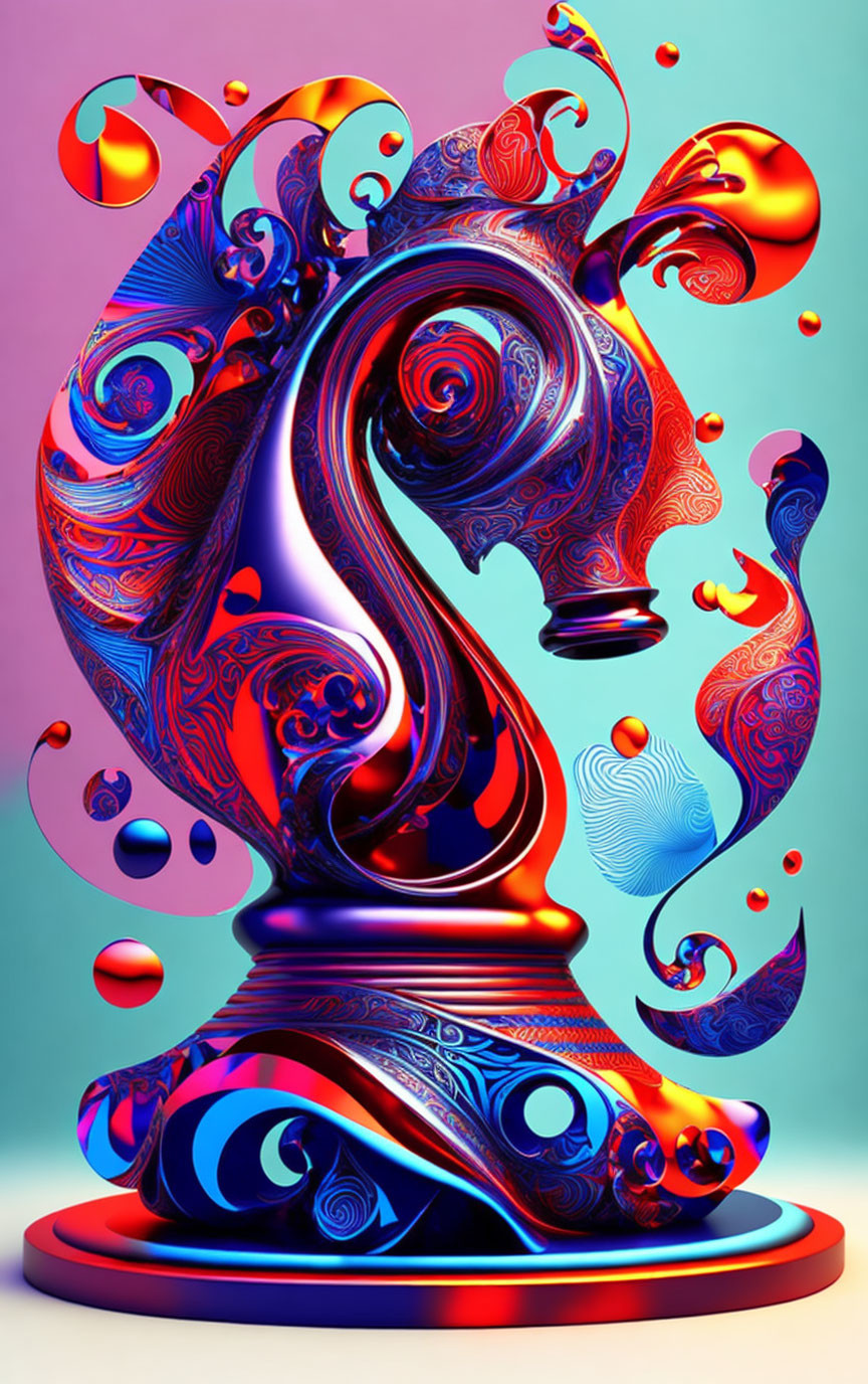 Colorful digital art of knight chess piece with intricate swirls and patterns