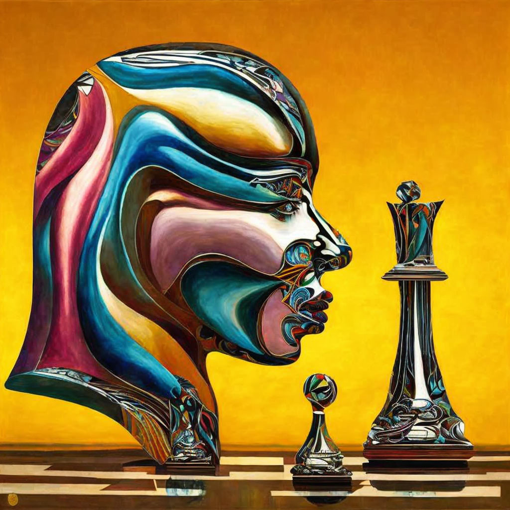 Vibrant abstract art: distorted human figures with chess pieces on yellow background