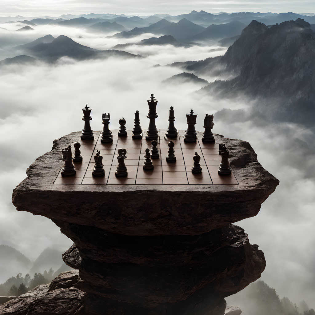 Chessboard with pieces on rocky cliff amid misty mountain peaks