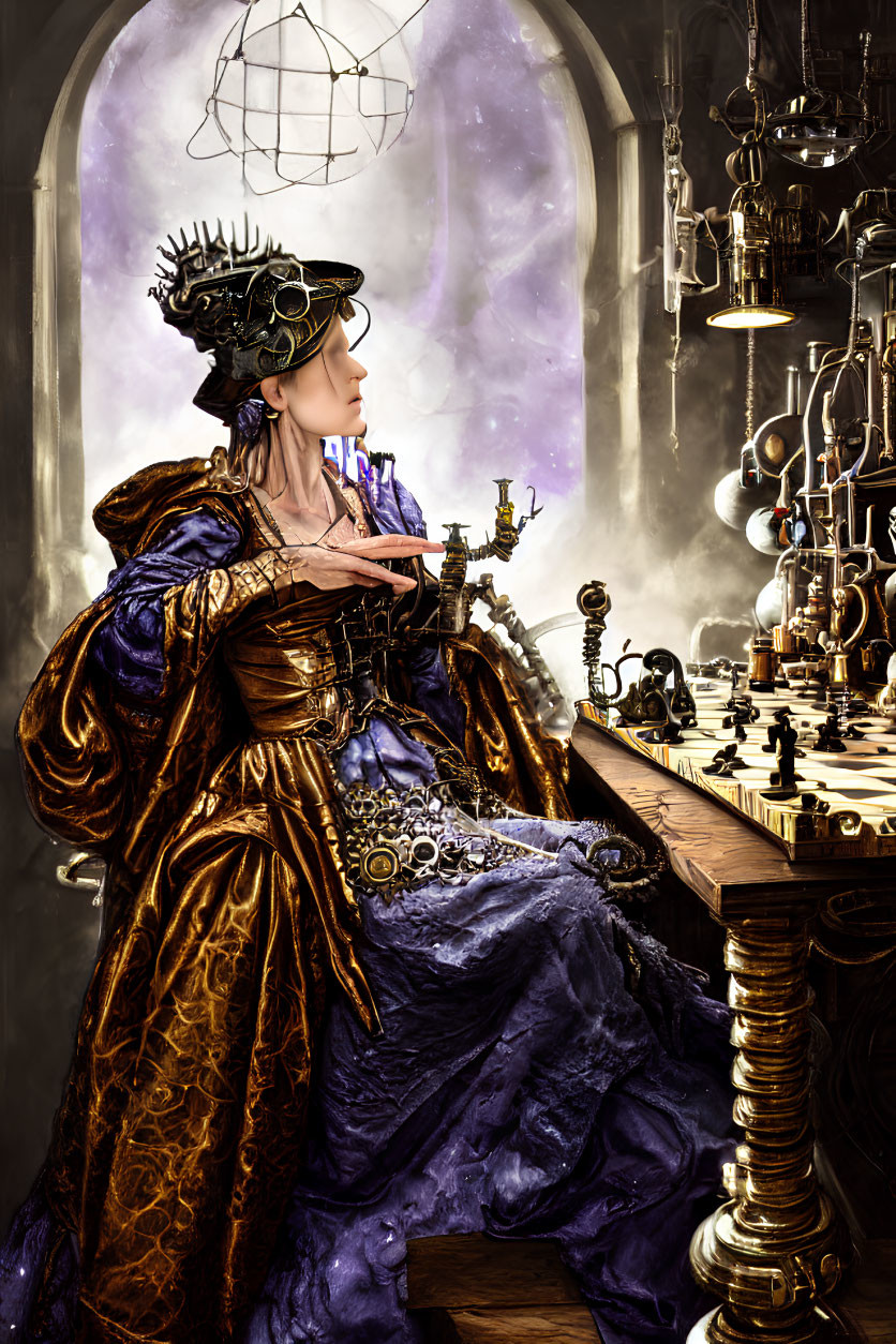 Steampunk-inspired woman at mechanical chessboard with brass devices and purple glow.