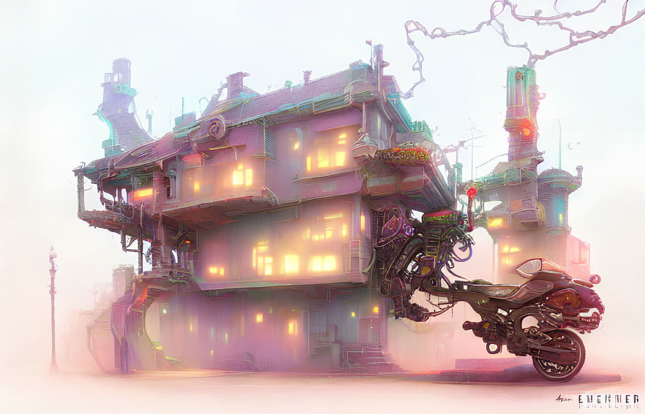 Fantastical illuminated steampunk house with hovering motorcycle in mist