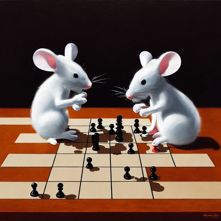 Animated mice playing chess on brown tabletop