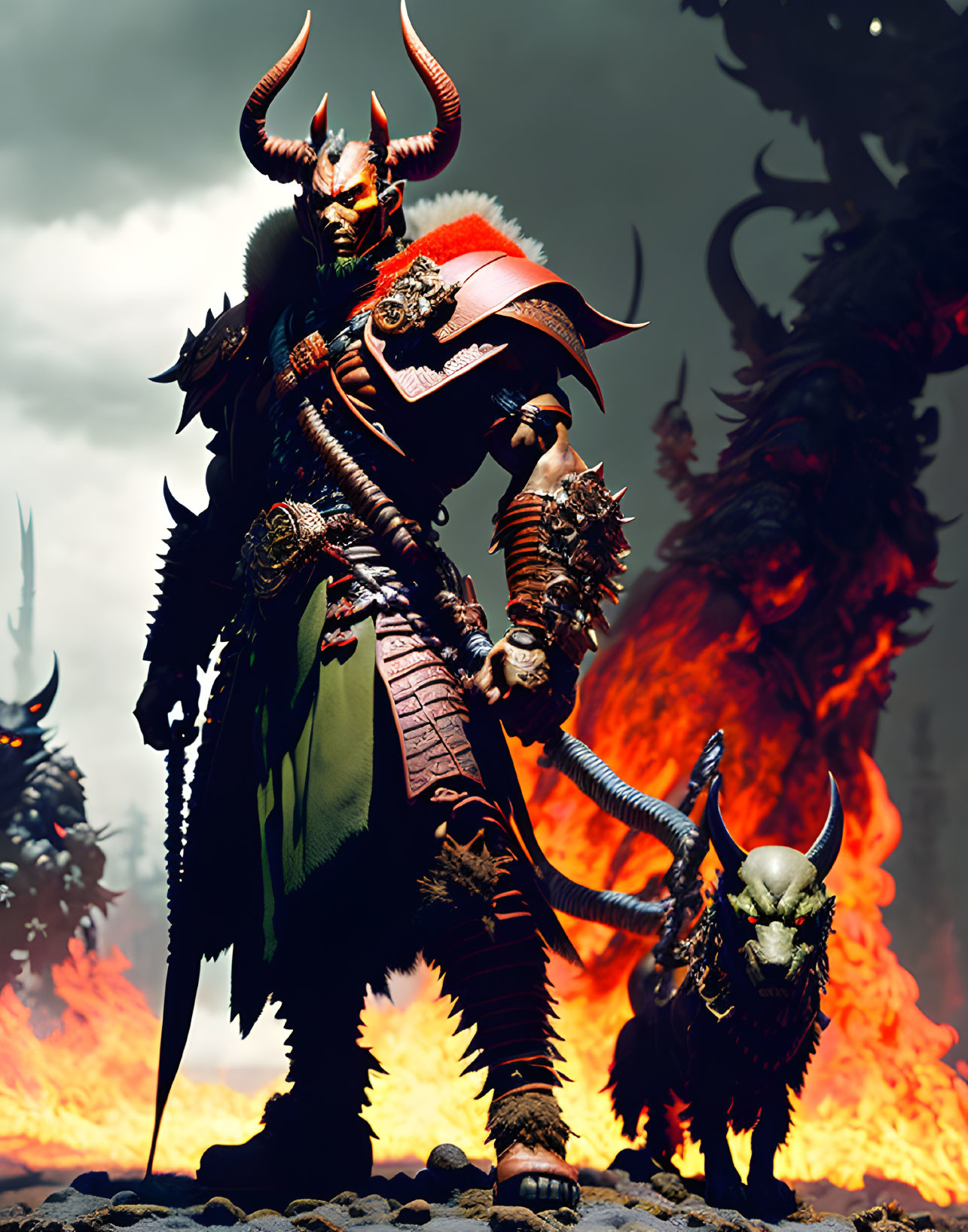 Fantasy character with horns and armor in front of fiery backdrop