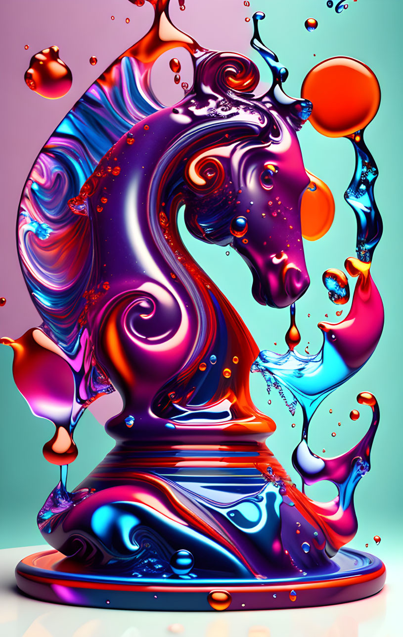 Colorful liquid chess knight on teal background