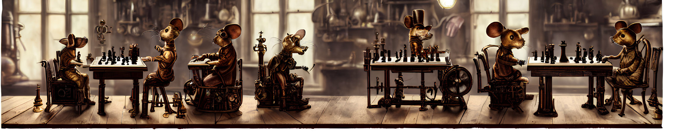 Panoramic steampunk chess game with anthropomorphic mice characters