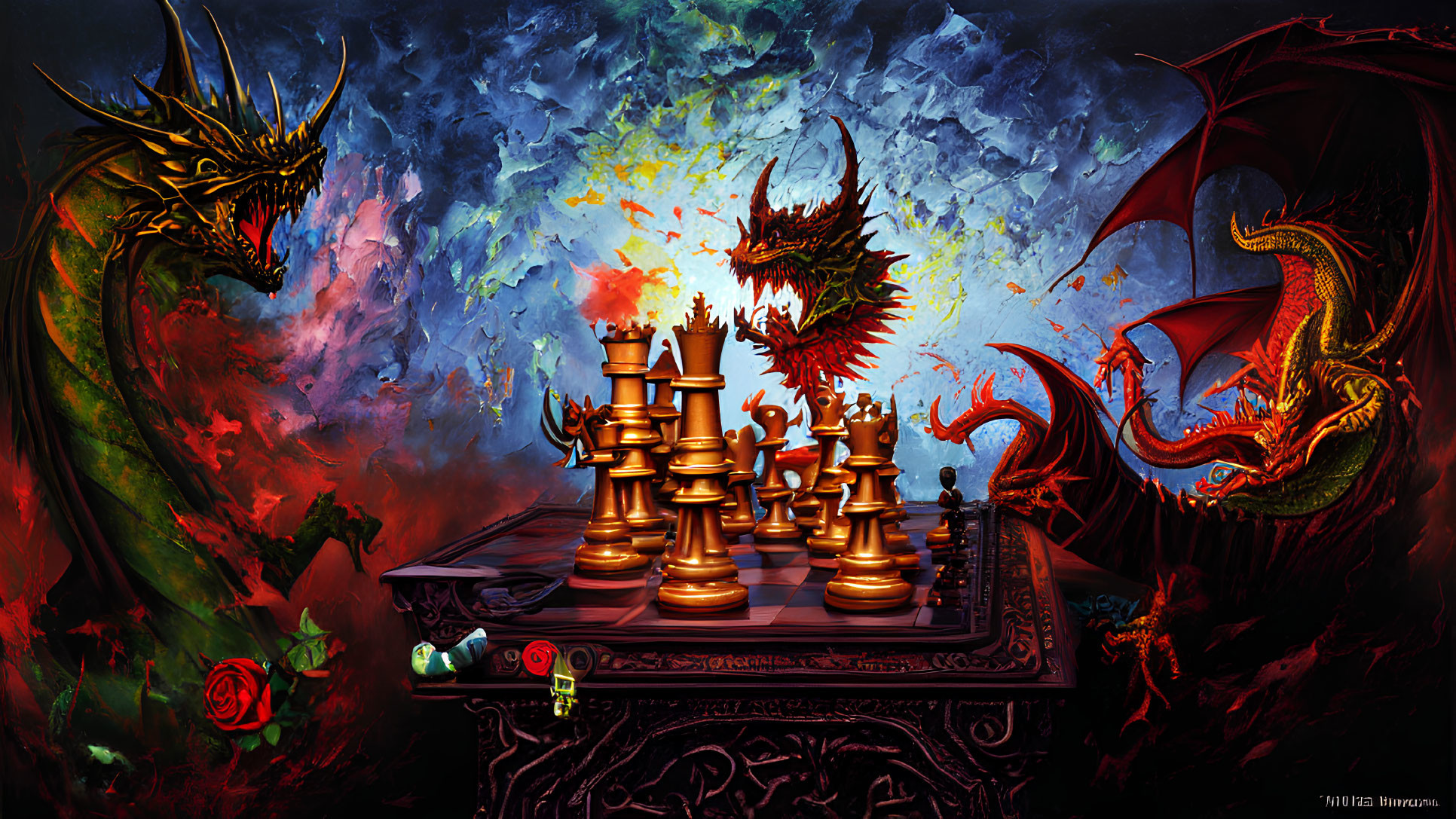 Fantasy-themed chessboard with ornate pieces and fierce dragon backdrop