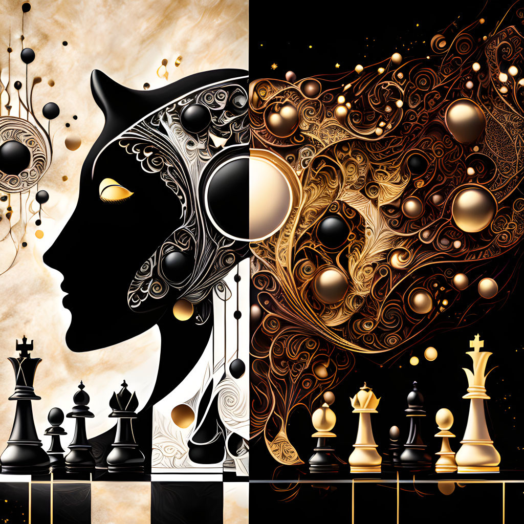 Surreal monochrome and golden tones with face profile and chess pieces