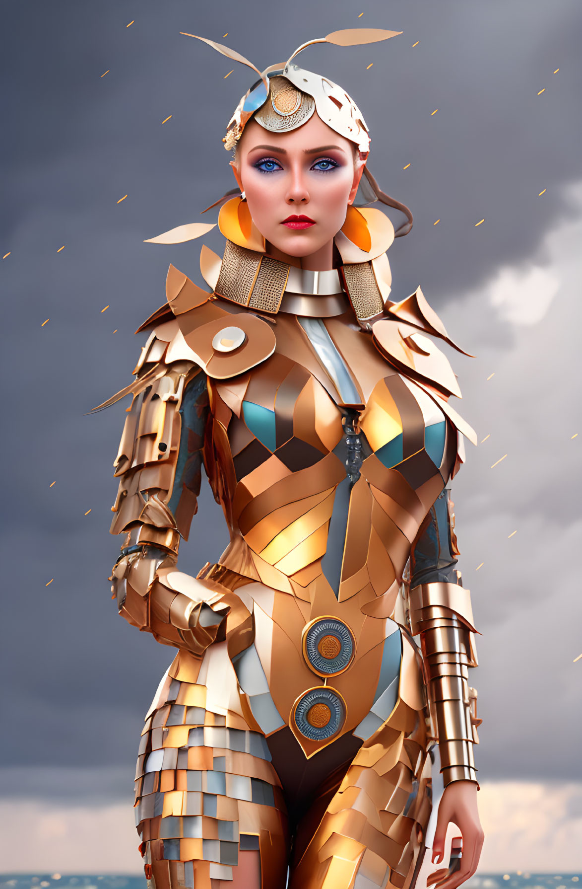 CG rendering of woman in ornate golden armor against cloudy sky