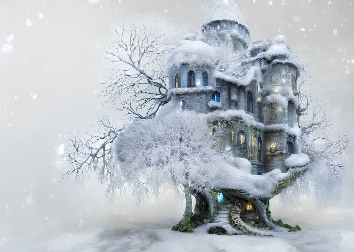 Snow-covered treehouse with twisting stairs in serene winter landscape