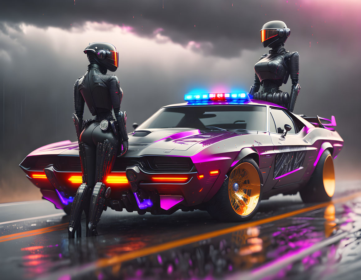 Futuristic motorcycle police officers with neon-lit car under stormy sky