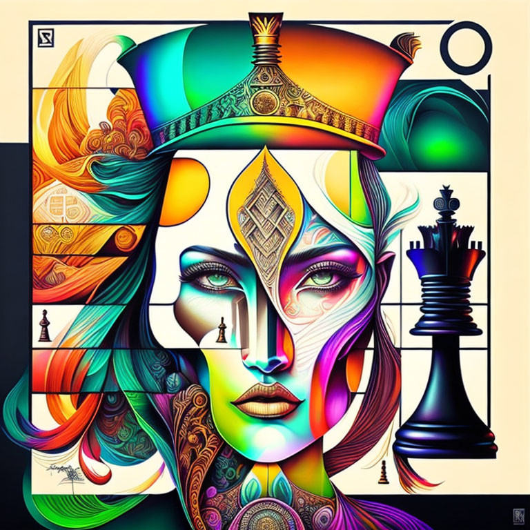 Vibrant surreal artwork featuring woman's face with chess pieces and abstract elements