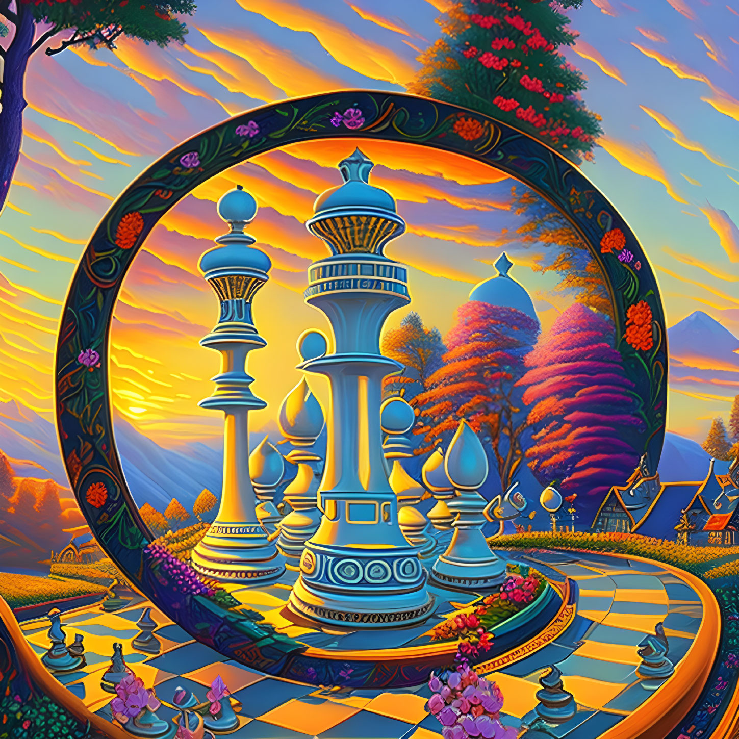 Colorful oversized chess pieces on whimsical landscape background