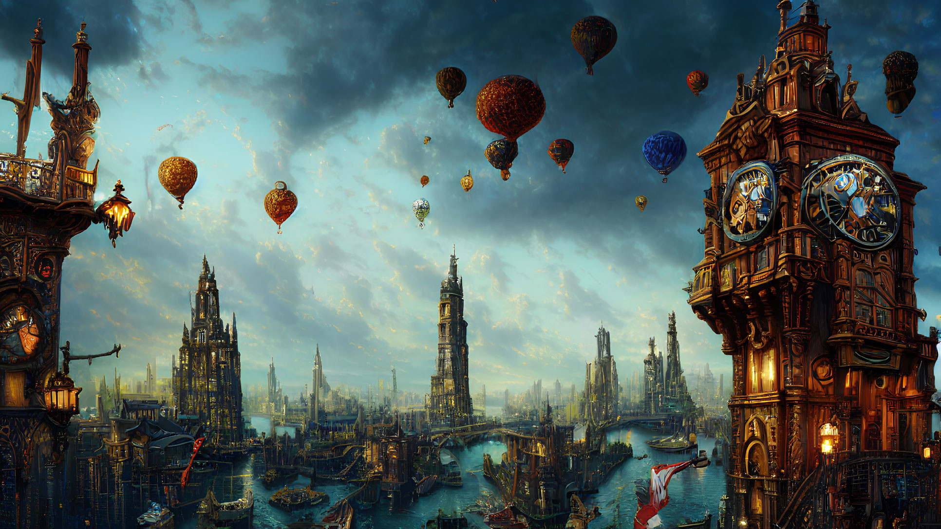 Ornate towers and hot air balloons in a fantastical cityscape