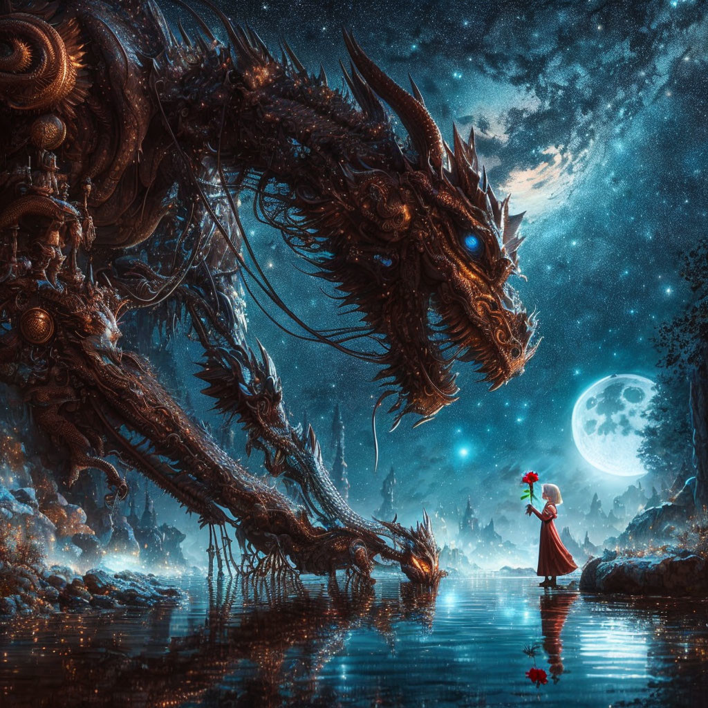 Woman in red cloak faces colossal dragon in mystical forest under starry sky