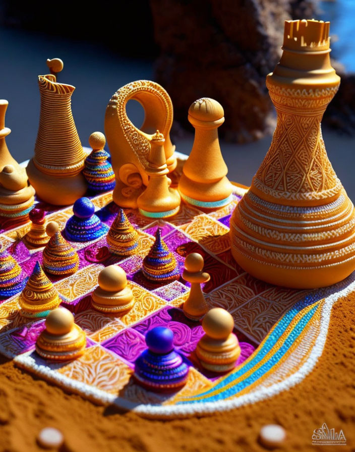 Colorful Chess Set with Cultural Designs on Artistic Board & Pieces