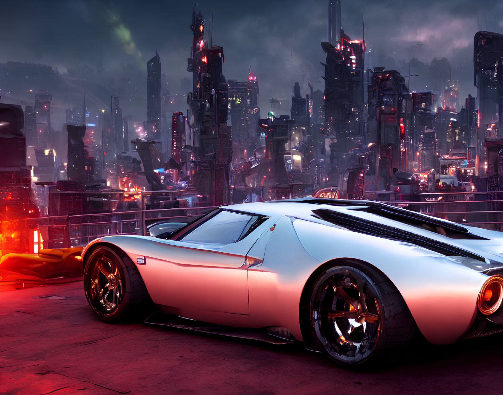 Futuristic sports car in cyberpunk cityscape at dusk