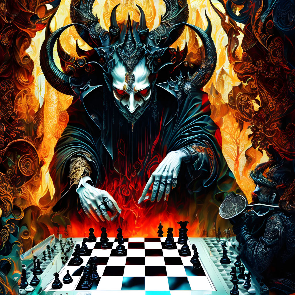 Fantastical chess game with horned entity and knight in fiery swirls