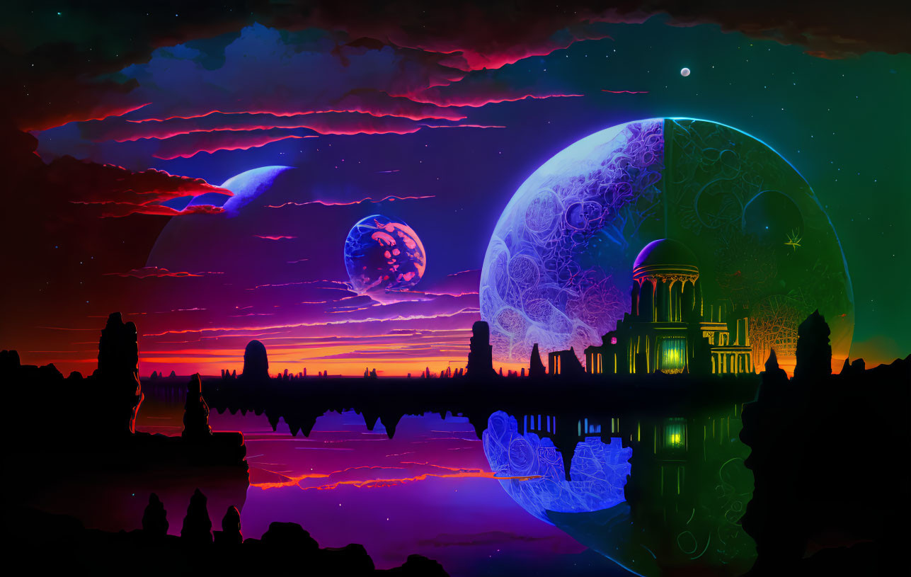 Vibrant sci-fi landscape at dusk with moon, planet, intricate buildings, and reflective water surface