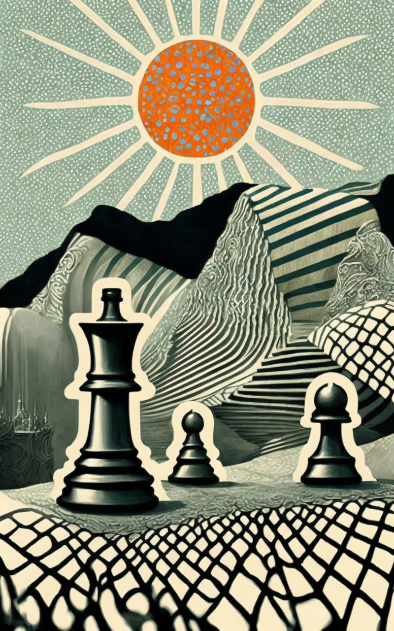 Chess pieces on patterned surface with hills and sun