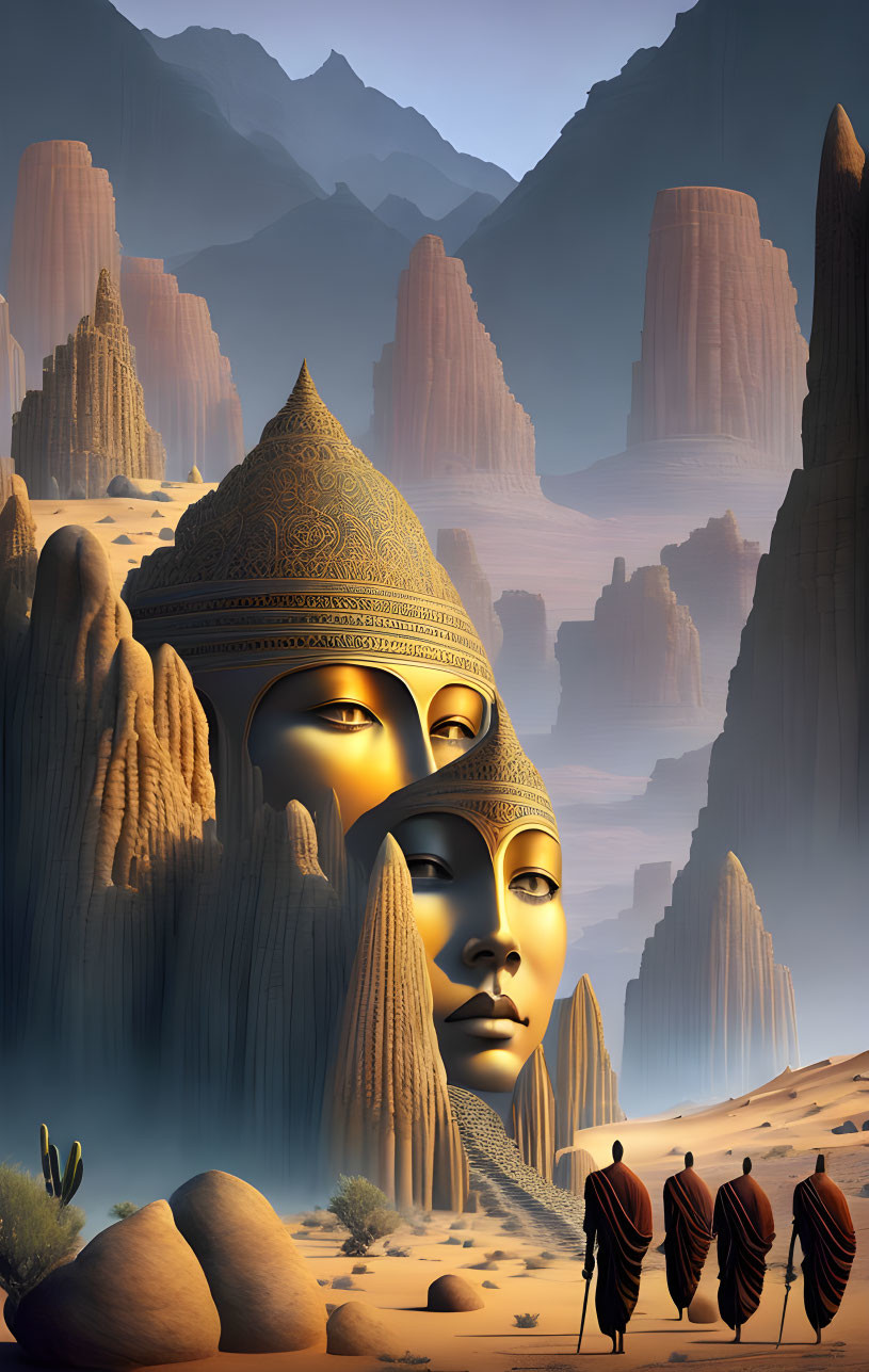 Surreal desert landscape with stone face sculptures and robed figures