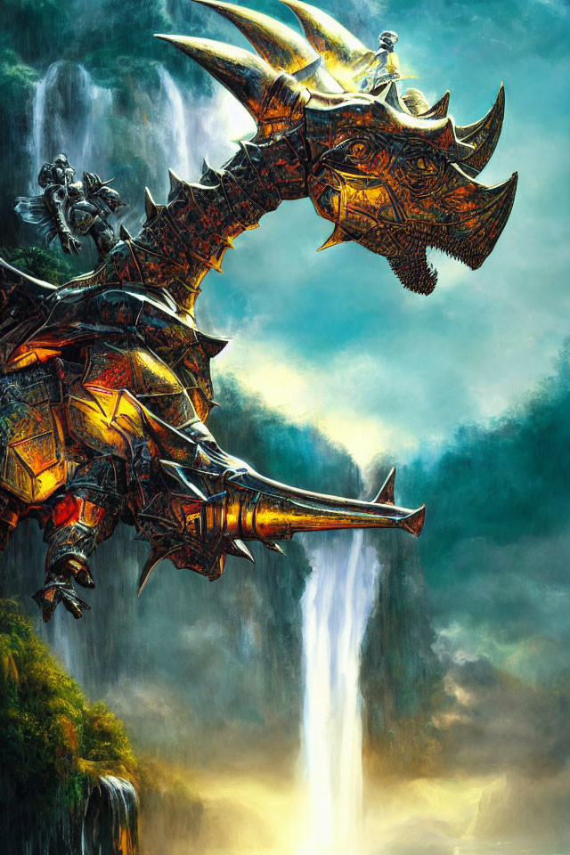 Armored dragon with rider in ethereal landscape.