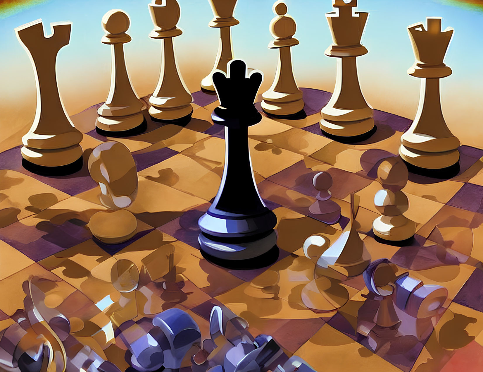 Chessboard Illustration: Black Queen Surrounded by Gold and Silver Chess Pieces