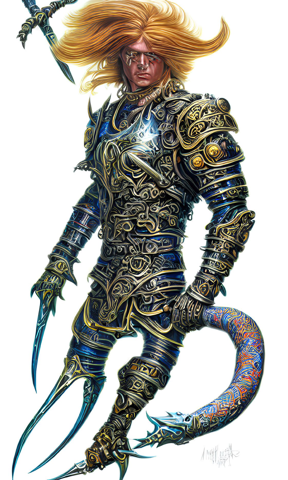 Fantasy character with ornate armor, dual blades, flowing hair, and reptilian tail