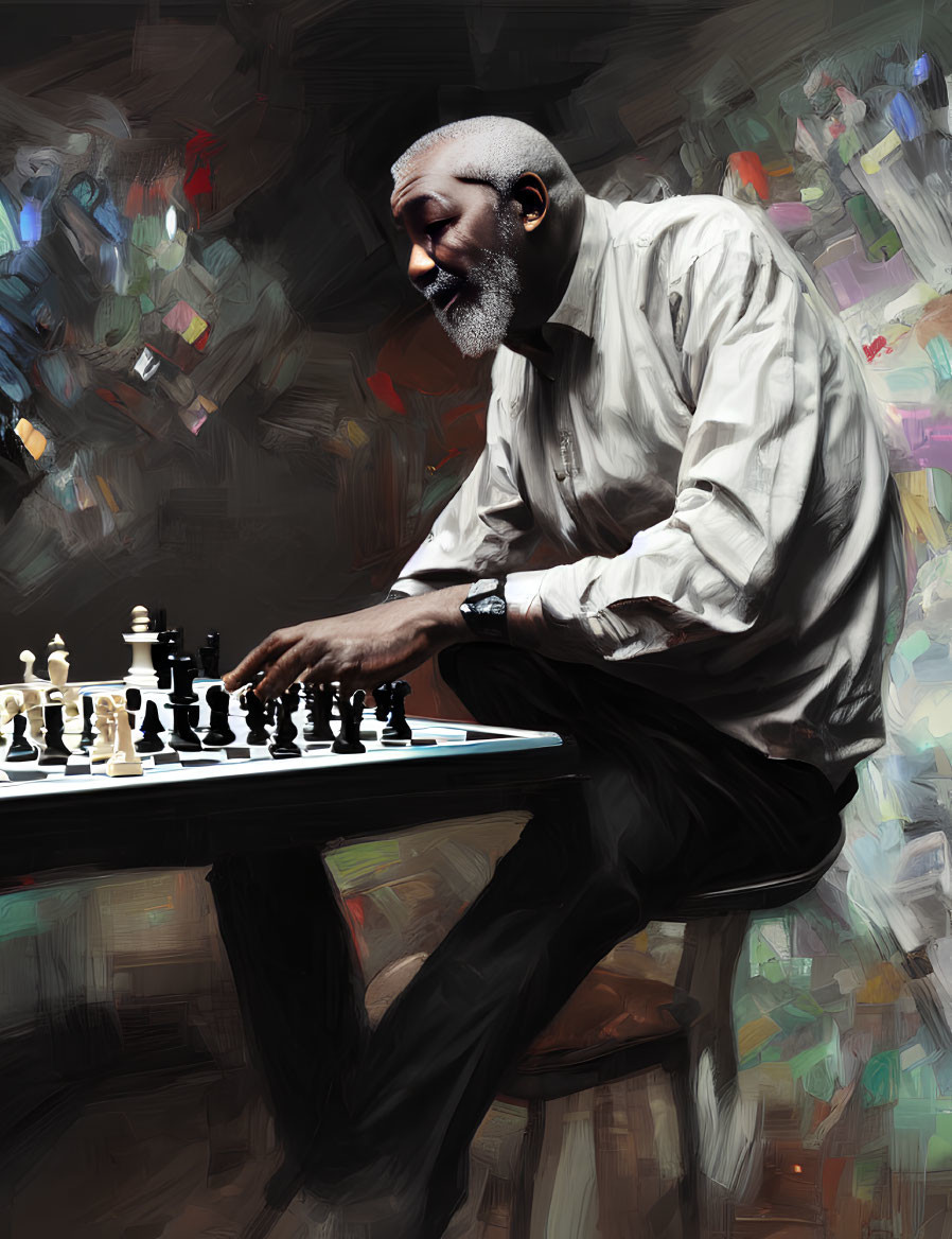 Elderly man with beard playing chess against colorful abstract backdrop