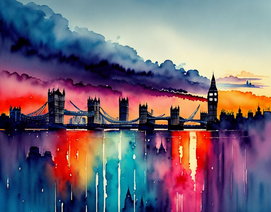 London's Tower Bridge and Big Ben watercolor painting with sunset hues and river reflection.