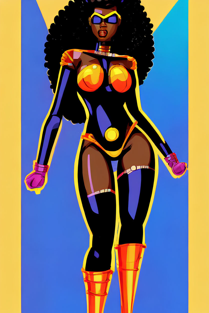 Confident female superhero with afro in black and yellow suit against geometric background