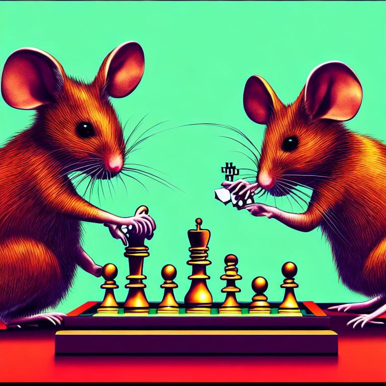 Cartoon mice playing chess with knight piece on red and turquoise background