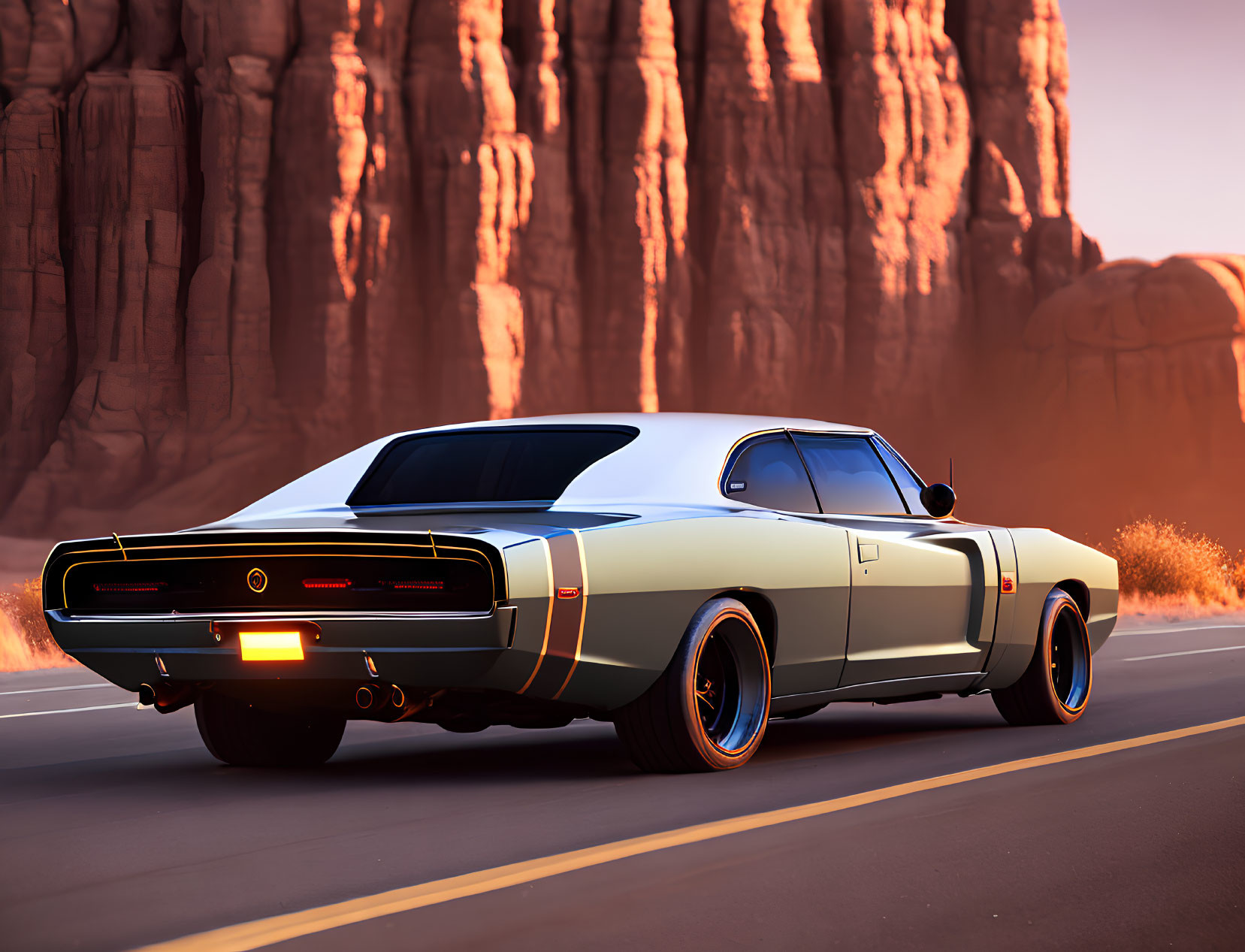 Vintage muscle car with two-tone paint in desert landscape