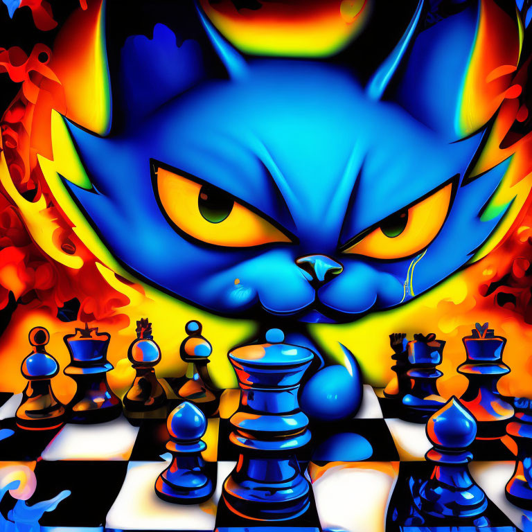 Blue cat with intense eyes on fiery chessboard with stylized pieces